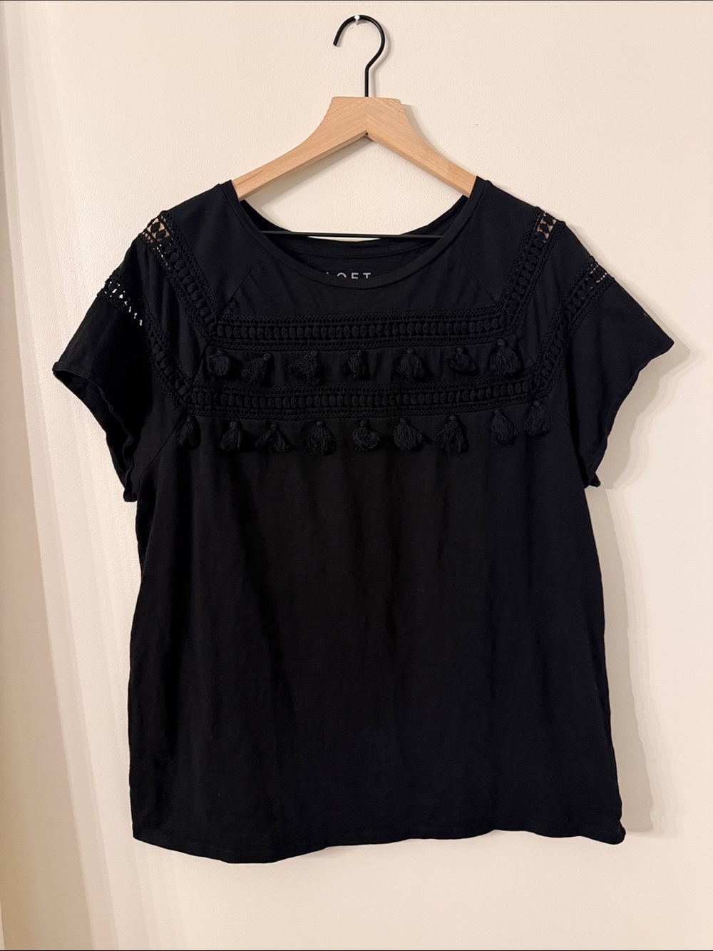 LOFT Black Short Sleeve Tassel Trim Tee